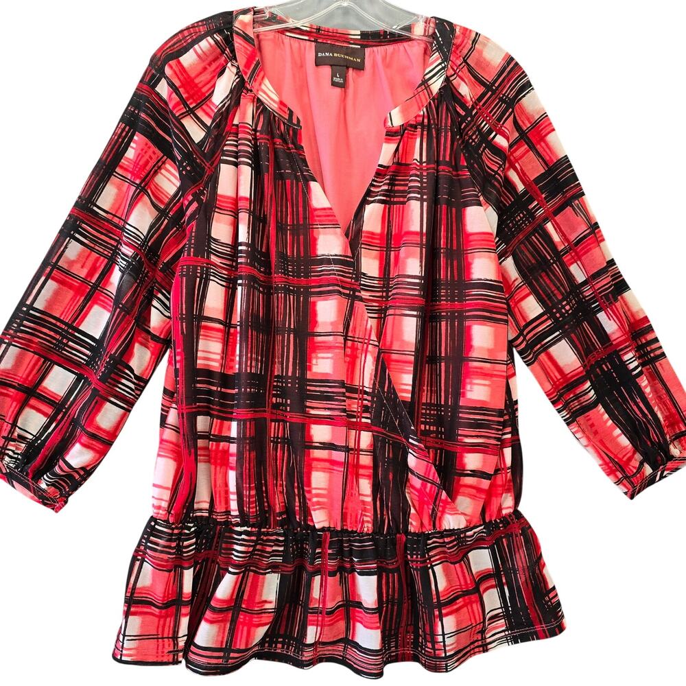 Dana Buchman Pink Rose Plaid Shirt 3/4 Sleeves V-Neck Layering Top Womens Size L